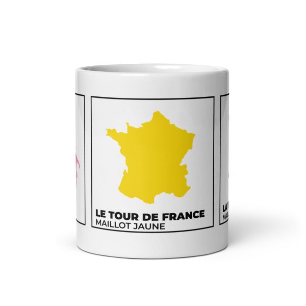 Taza ciclismo Grandes Vueltas, vista frontal, siluetas países, maillot ganador, rojo España, rosa Italia, amarillo Francia.